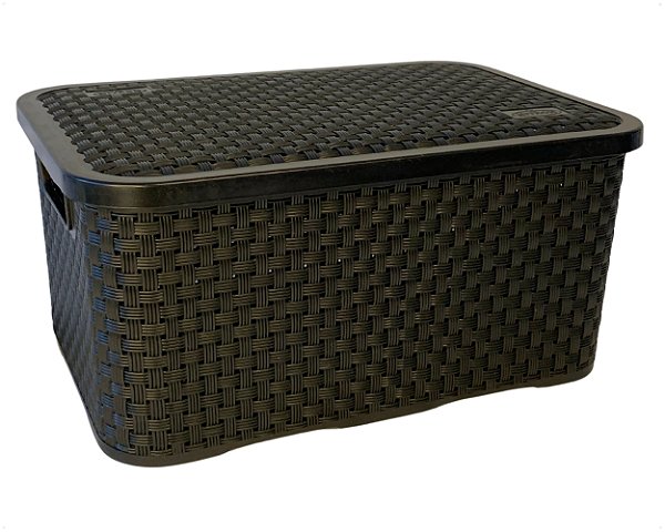 Cesto Organizador Rattan Multiuso Médio Com Tampa Preto de Plástico 8 Litros