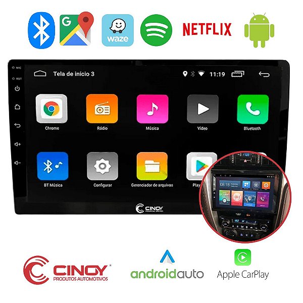CENTRAL MULTIMIDIA ANDROID 9" COM APPLE CARPLAY E ANDROID AUTO 2GB/32GB (SEM FIO) - CINOY