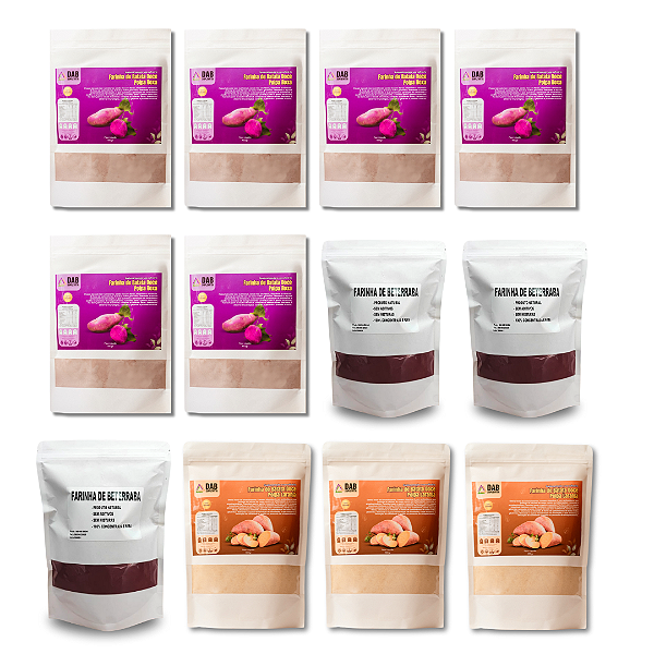 Kit 12 Un Suplemento Farinha Batata Doce Polpa Laranja, Roxa e Beterraba Pó 5.550kg