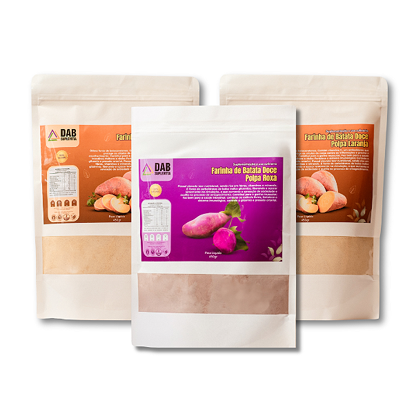 Kit 3 Un Suplemento Farinha Batata Doce Polpa Laranja e Roxa Pó 1.350kg