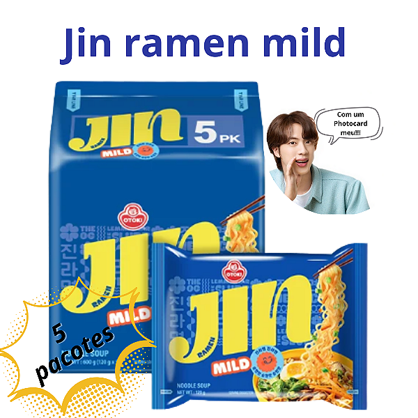 NOVIDADE: PACK COM 5 PACOTES DE LAMEN JIN MILD + 1 STICKER ADESIVO DO JIN BTS