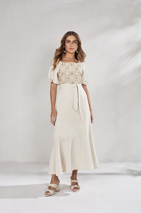 Vestido Viscolinho Com Guipir Natural 130cm - Titanium