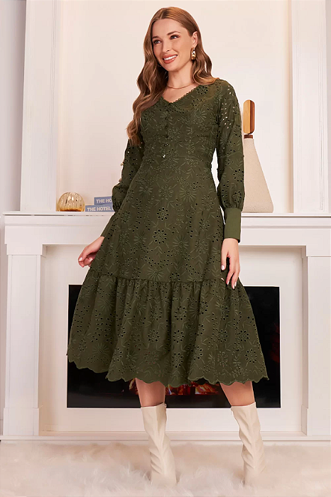 Vestido Verde Laise Decote V Evasê Midi - Fascinius