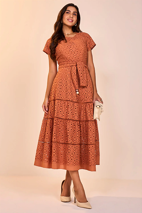 Vestido Ferrugem Viscose Em Lasie Evasê Midi - Fascinius