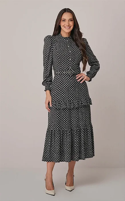 Vestido Maxi Midi com Cinto Encapado Valeria Preto- Tata Martello