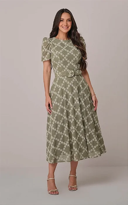 Vestido Maxi Midi na Tela Bordada Analia Verde - Tata Martello