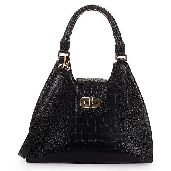 Bolsa Satchel Media Croco Estruturada Com Fecho Preta