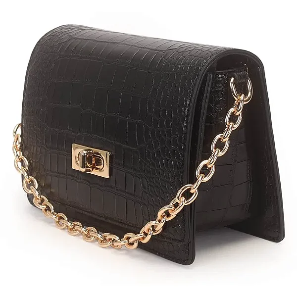 Bolsa Transversal Media Croco Estruturada Com Fecho Preta