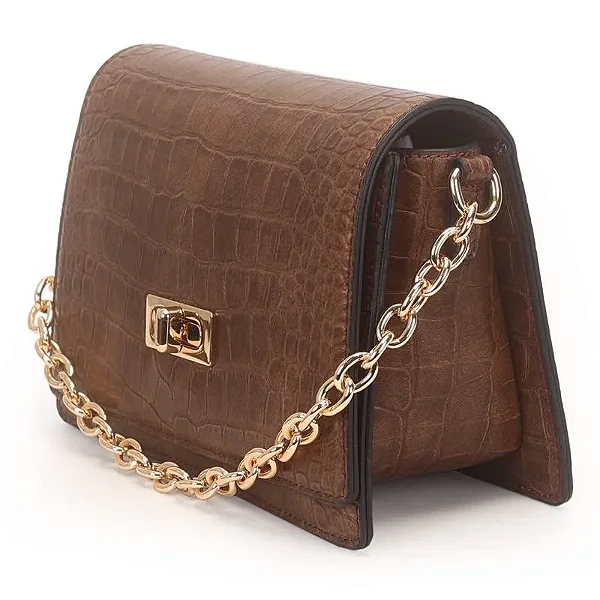 Bolsa Transversal Media Croco Estruturada Com Fecho Marrom