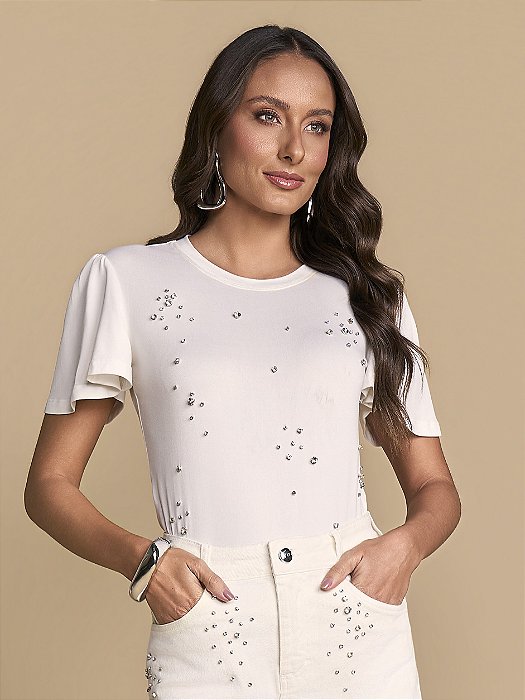 T-SHIRT EM MALHA OFF-WHITE BORDADA COM PEDRAS - TITANIUM