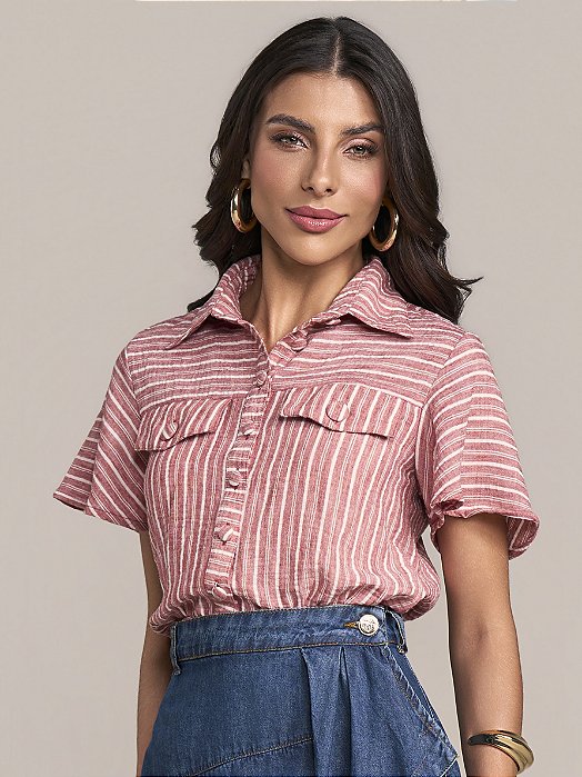 CAMISA EM TECIDO PLANO LISTRADO VERMELHO