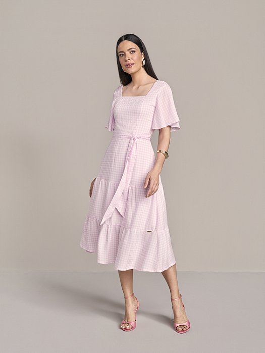 VESTIDO EM VISCOSE XADREZ ROSA 115CM - LAURA ROSA