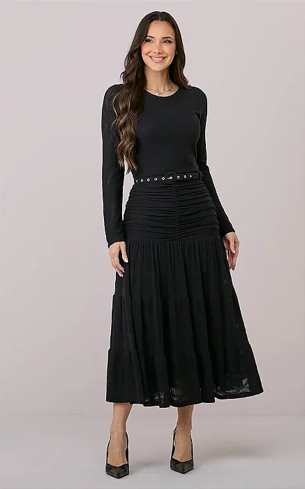 Vestido Maxi Midi com Franzido Frontal Elsa Preto - Tata Martello
