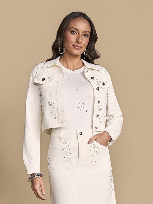 JAQUETA EM SARJA OFFWHITE BORDADA COM PEDRAS - TITANIUM