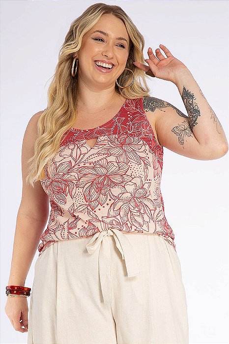 Blusa sem manga Plus Size em malha flamê