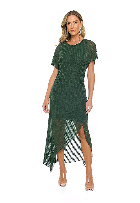 Vestido Midi em Tule Listrado