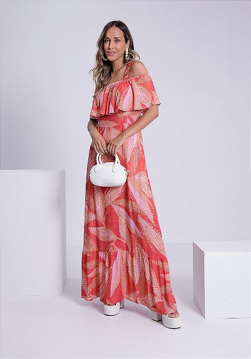Vestido Longo em Viscose com Babado Decote
