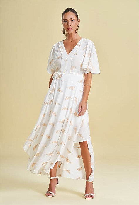 Vestido Longo de Manga Curta em Plano  Viscose Plumas