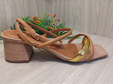 Sandália Salto Médio Napa Ocre/Ouro