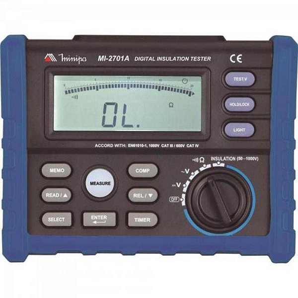 Megômetro Digital/ Iluminação/Teste ACV e DCV/ Memória de 20 registros   Medidas até 10GΩ - Minipa MI-2701A