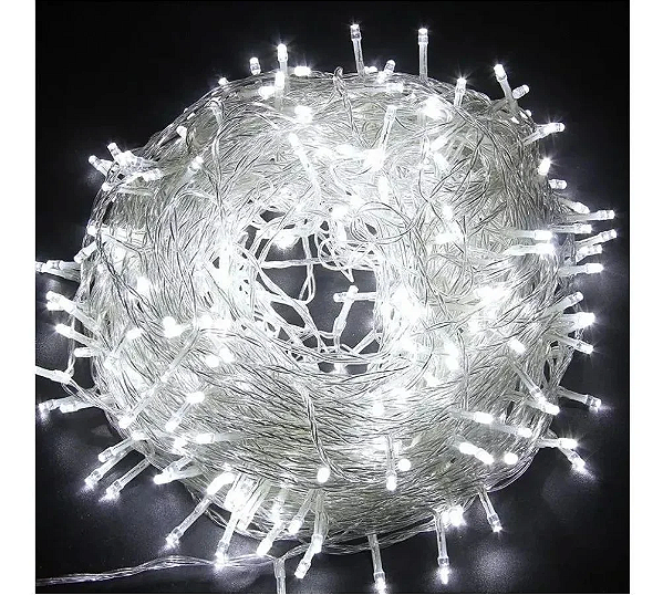Pisca de Natal 100 Leds branco frio 8 Funções 10 Metros fio transparente 220V.