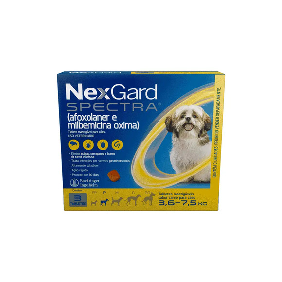 NexGard Spectra Antipulgas e Vermífugo Cães 3,6kg a 7,5kg 3 tabletes