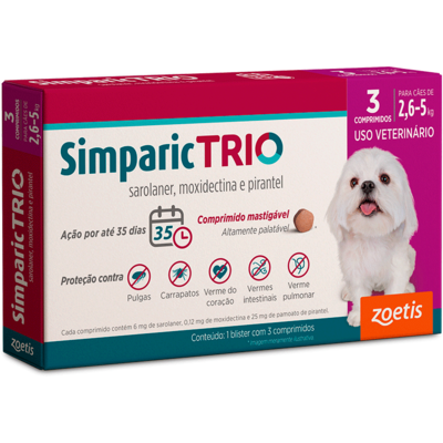 Antipulgas Simparic Trio 6 mg para Cães de 2,6 a 5 Kg (3 Comprimidos)