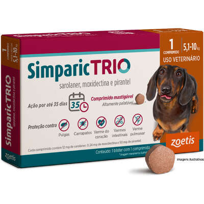 Antipulgas Simparic Trio 12 mg para Cães de 5,1 a 10 Kg (1 Comprimido)