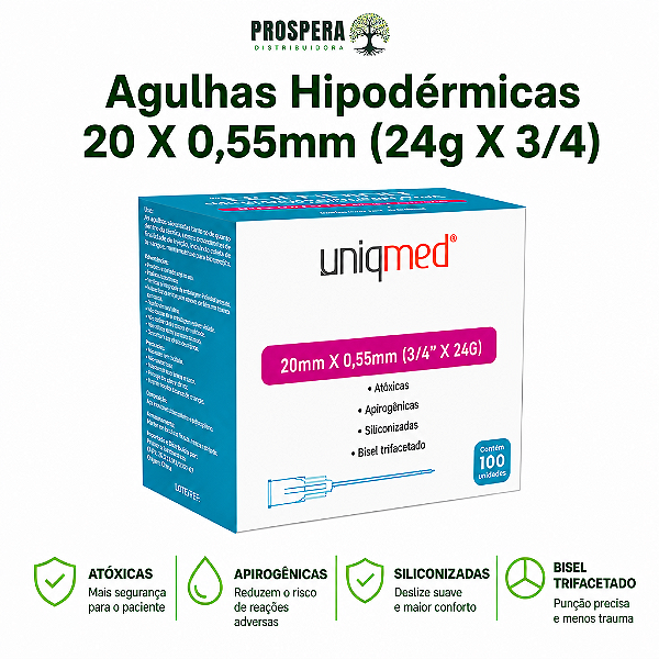 Agulhas Hipodérmicas 20 X 0,55mm (24g X 3/4)