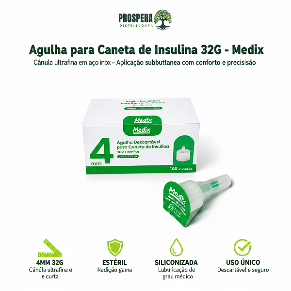 Agulha para caneta de insulina 4mmx0,23mm (32G)