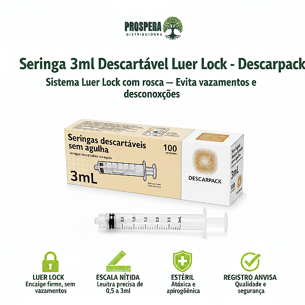 Seringa 3ml Sem Agulha - Luer Lock