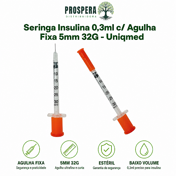 Seringa Insulina 0,3ml 5mm 32G Agulha Fixa