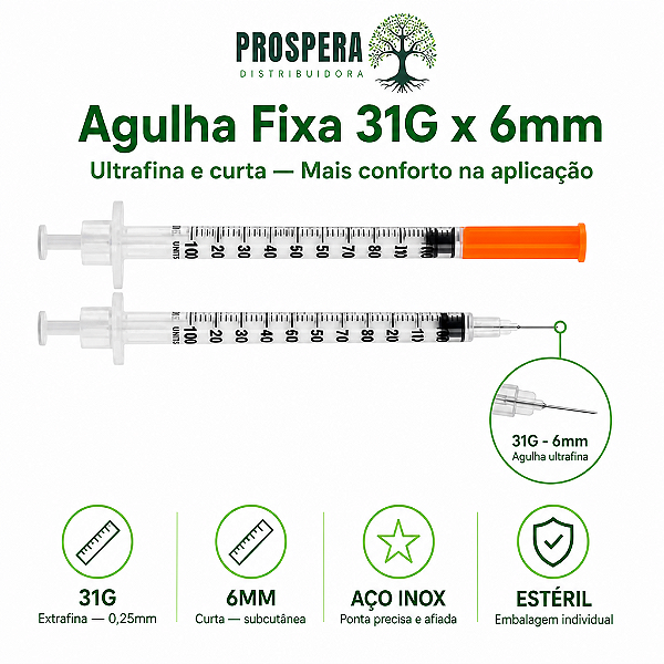 Seringa Insulina 1ml 6mm 31G Agulha Fixa