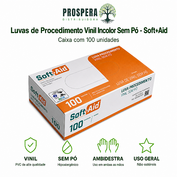 Luva de Procedimento Vinil Sem Pó Soft+Aid