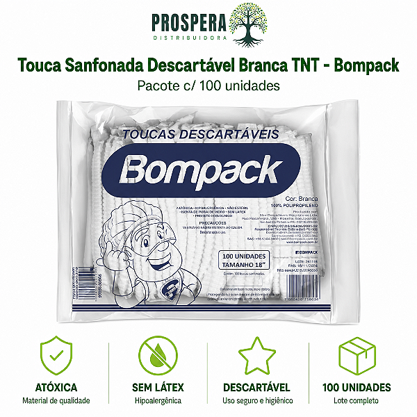 Touca Sanfonada Descartável TNT Branca Bompack