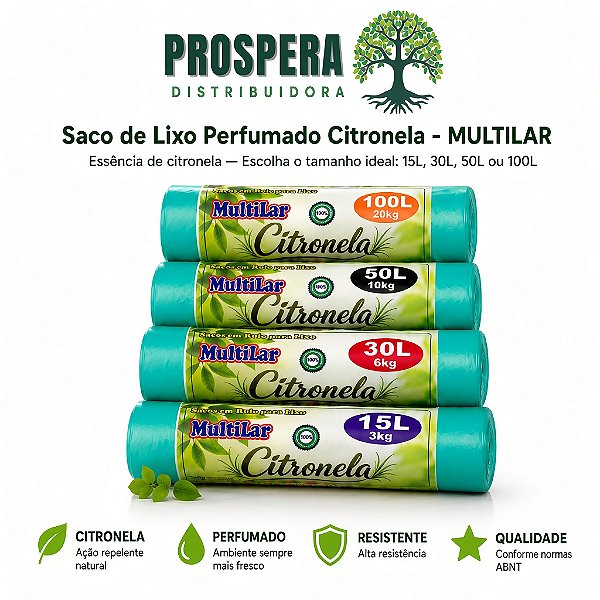 Saco de Lixo Citronela Multilar Rolo perfumado 15L, 30L, 50L ou 100L