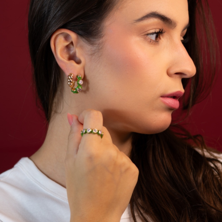 Anel Esmaltado Verde Com Cristais - Jardim