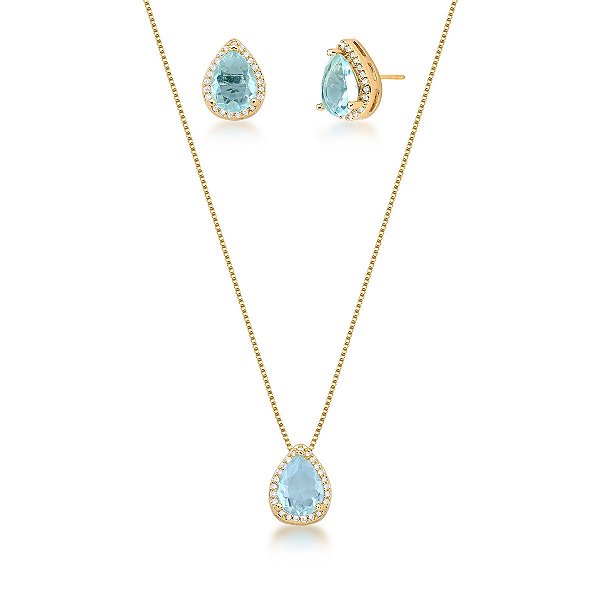 Conjunto Água Marinha - Banho Ouro 18k