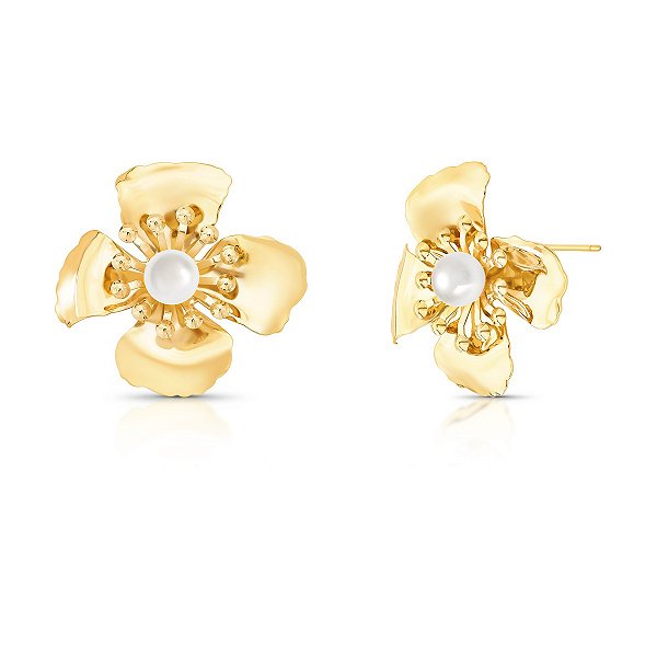 Brinco Flor com Pérola - Banho Ouro 18k