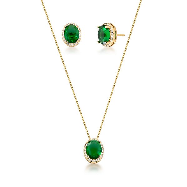 Conjunto Esmeralda Oval - Banho Ouro 18k