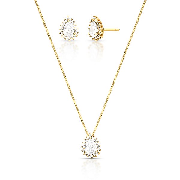 Conjunto Gota Cristal Transparante - Banho Ouro 18k