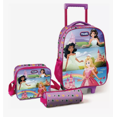 Kit mochila escolar princesa castelo c/rodinhas