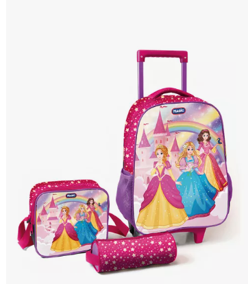 Kit mochila escolar princesas c/rodinhas