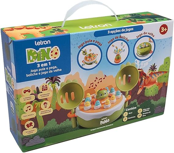 Jogo Dino 3 Em 1 Letron Pula E Pega/ Boliche / Jogo da velha Dino