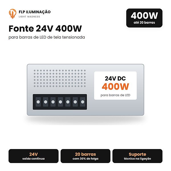 Fonte 24V 400W Bivolt para Barra de LED – Tela Tensionada