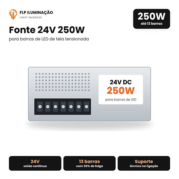 Fonte 24V 250W Bivolt para Barra de LED – Tela Tensionada