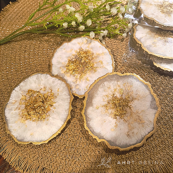 Porta-copos geodo (conjunto de 6 unidades) branco com dourado