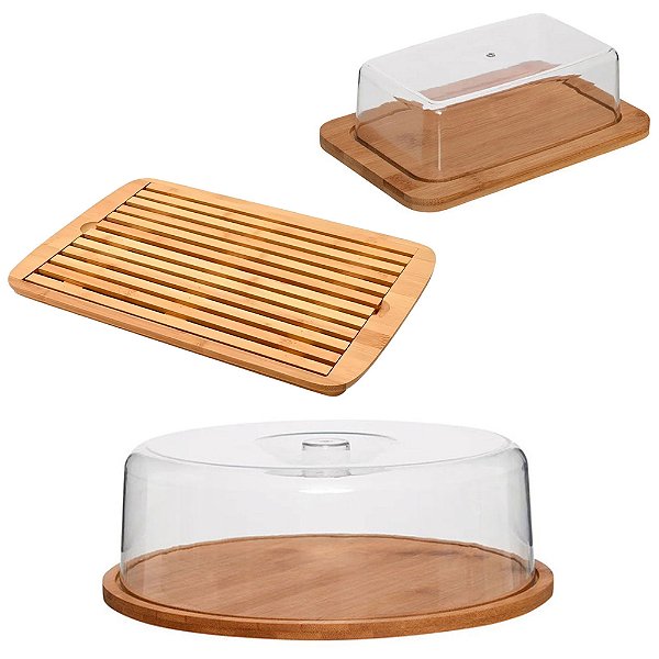 Kit Porta Manteiga + Porta Bolo Boleira + Tabua Migalheira Em Bambu