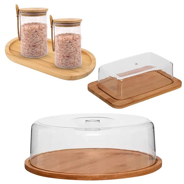 Kit Porta Manteiga + Porta Bolo + 2 Porta Condimento E Bandeja