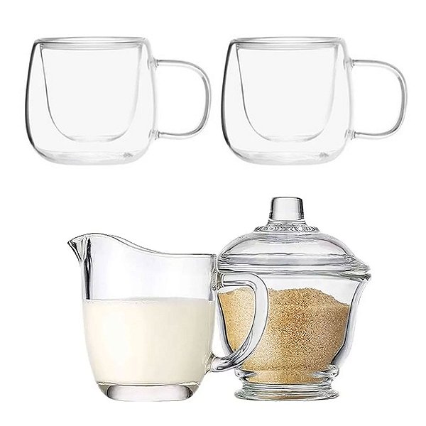 Kit 2 Xicaras Borossilicato + Açucareiro E Jarra De Leite